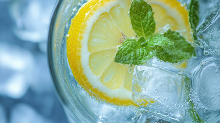 A close-up of a classic glass of lemonade with ice cubes, a slice of lemon, and a sprig of mint, highlighting the refreshing and cooling qualities of the drink.の素材