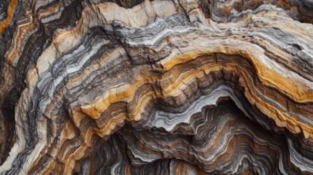 A close-up of a geological rock sample showing layered textures and minerals, with detailed patterns revealing the Earth's crust structure.の素材