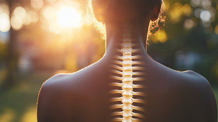 A close-up of a person back with visible spine alignment, focusing on the natural curves and posture, capturing the importance of body alignment and health.の素材