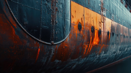 A close-up of a large tanker ship hull, with the company logo and load lines visible, emphasizing the industrial strength and scale of maritime logisticsの素材