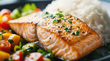A close-up of a salmon steak being served with a side of vegetables and rice, with a focus on the perfectly cooked texture and garnishing details.の素材