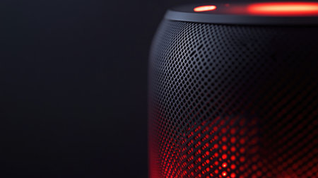 A close-up of a smart speaker with a digital assistant interface, displaying the sleek surface and integrated microphone, representing the fusion of technology and audio.の素材