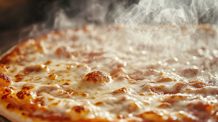 A close-up of a hot pizza fresh from the oven, with cheese bubbling and steam rising from the toppings, capturing the delicious and inviting appearance of the dish.の素材