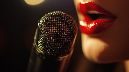 A close-up of a microphone with a singer lips just inches away, highlighting the moment of vocal expression and the intimate connection between artist and equipment.の素材