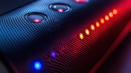 A close-up of a portable Bluetooth speaker with its control buttons and LED lights illuminated, showing the sleek design and functionality.の素材