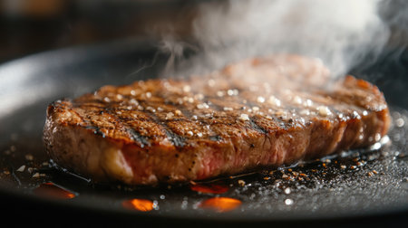 A close-up of a sizzling steak on a hot skillet, with steam rising from the perfectly cooked meat and the seared crust, showcasing the juicy and flavorful dish.の素材