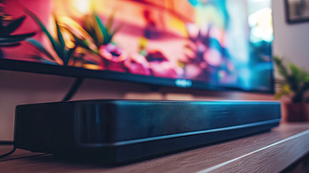 A close-up of a soundbar speaker, with its slim design and subtle branding, positioned beneath a modern TV screen, blending seamlessly into a home entertainment setup.の素材