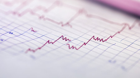 A close-up of a paper ECG strip with clear heartbeat patterns and medical annotations, used for diagnosing and monitoring heart conditions in a clinical setting.の素材