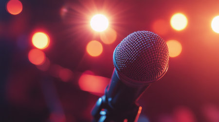 A close-up of a microphone with a bright, reflective surface under stage lights, capturing the shine and detail of the equipment in a performance setting.の素材