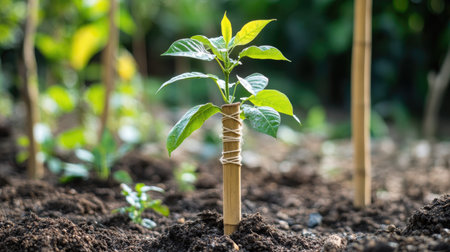 A close-up of a small tree supported by a bamboo stake, with twine gently tying the trunk for stability, showing the steps taken to help young trees thrive.の素材