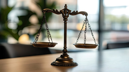 A close-up of a modern scales of justice with a sleek design, set against a contemporary office background,の素材