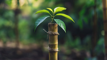 A close-up of a small tree supported by a bamboo stake, with twine gently tying the trunk for stability, showing the steps taken to help young trees thrive.の素材