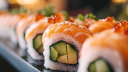 A close-up of a salmon sushi roll with vibrant pink salmon, avocado, and cucumber, showcasing the freshness and precision of sushi presentation.の素材