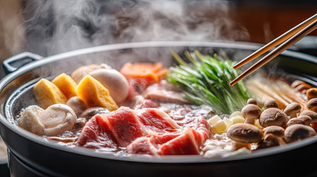 A close-up of a simmering shabu-shabu pot with assorted ingredients such as meat slices, vegetables, and mushrooms, with steam rising and chopsticks ready for use.の素材
