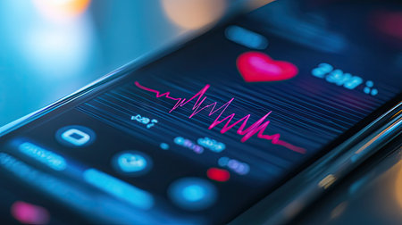 A close-up of a smartphone app displaying a heart rate monitor with a digital graph, capturing the convenience of tracking heartbeats using modern technology.の素材