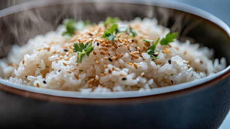 A close-up of a steaming bowl of rice with a sprinkle of sesame seeds and a few fresh herbs, highlighting the delicious and appetizing presentation of the dish.の素材