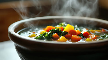 A close-up of a steaming bowl of hot soup with vibrant vegetables, with visible steam rising from the surface, creating a comforting and appetizing scene.の素材