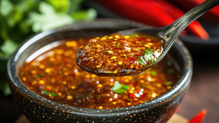 A close-up of a spoonful of spicy being scooped from a bowl, with a focus on the texture and richness of the chili paste against a backdrop of fresh ingredients.の素材