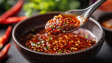 A close-up of a spoonful of spicy being scooped from a bowl, with a focus on the texture and richness of the chili paste against a backdrop of fresh ingredients.の素材
