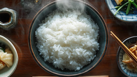 A close-up of a steaming bowl of fluffy, white rice with wisps of steam rising, set on a traditional dining table with chopsticks and side dishes.の素材