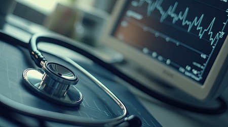 A close-up of a stethoscope placed on a chest, with a visible ECG waveform on a nearby monitor, illustrating the process of listening to heartbeats.の素材