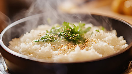 A close-up of a steaming bowl of rice with a sprinkle of sesame seeds and a few fresh herbs, highlighting the delicious and appetizing presentation of the dish.の素材