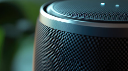 A close-up of a smart speaker with a digital assistant interface, displaying the sleek surface and integrated microphone, representing the fusion of technology and audio.の素材