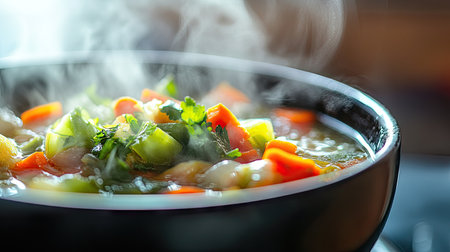 A close-up of a steaming bowl of hot soup with vibrant vegetables, with visible steam rising from the surface, creating a comforting and appetizing scene.の素材