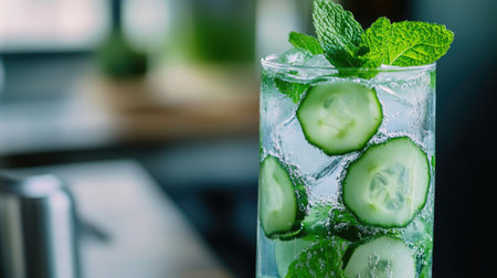 A close-up of a tall glass of water infused with cucumber and mint, with a focus on the fresh and healthy presentation, set against a clean, modern background.の素材