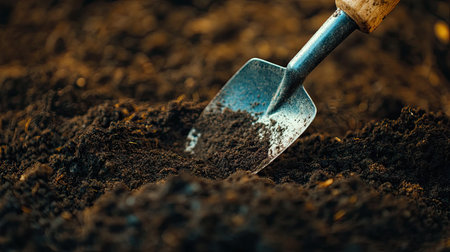 A close-up of a trowel digging into the soil, preparing the ground for planting a new tree, with rich, dark earth filling the frame.の素材