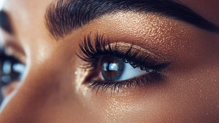 A close-up of a woman's eyes with intricate eye makeup, including shimmering eyeshadow, perfectly arched eyebrows, and voluminous lashes, capturing the intensity of her gaze.の素材