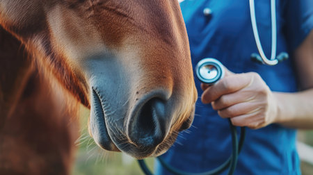 A close-up of a veterinarian using a stethoscope to listen to the heartbeat of a horse in a barn setting, showcasing care for large animals in a rural environment.の素材