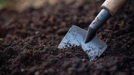 A close-up of a trowel digging into the soil, preparing the ground for planting a new tree, with rich, dark earth filling the frame.の素材