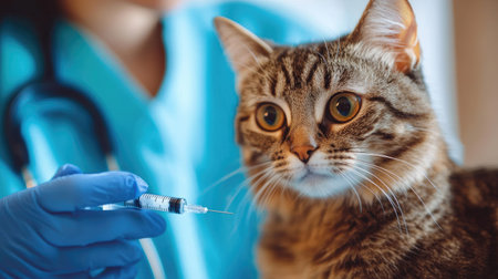 A close-up of a veterinarian administering a vaccine to a cat, with the pet calmly sitting on the examination table and the focused expression.の素材