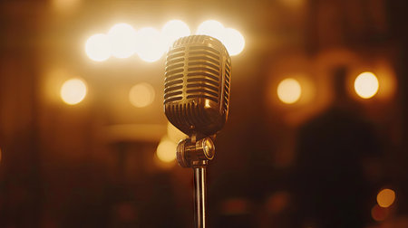 A close-up of a vintage microphone on a stand, with a spotlight highlighting its classic design, evoking a sense of nostalgia and elegance in a music performance.の素材