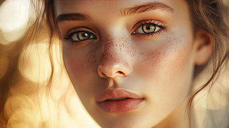 A close-up of a young face with a soft, natural look and delicate features, against a blurred, elegant background that complements her serene expression.の素材