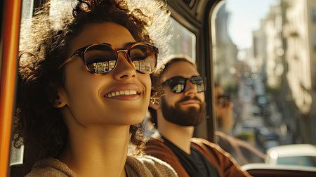 A close-up of passengers enjoying a ride on an electric train, with views of the city through the windows and a focus on their relaxed and comfortable expressions.の素材