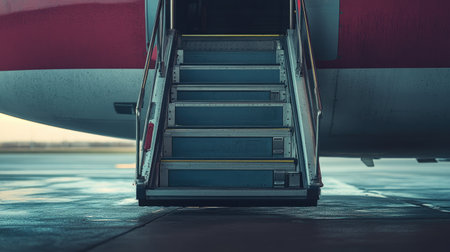 A close-up of an door with the boarding stairs extended, capturing the moment of passenger boarding, with attention to the textures and mechanisms.の素材