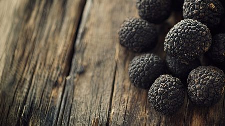 A close-up of fresh black truffles with their distinctive rough texture and dark color, set against a rustic wooden background to highlight their natural beauty.の素材