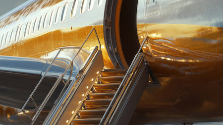 A close-up of an door with the boarding stairs extended, capturing the moment of passenger boarding, with attention to the textures and mechanisms.の素材
