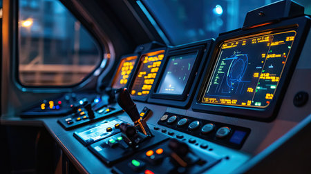 A close-up of an electric train's control panel with modern features, screens, and controls, emphasizing the advanced technology used in train operation.の素材