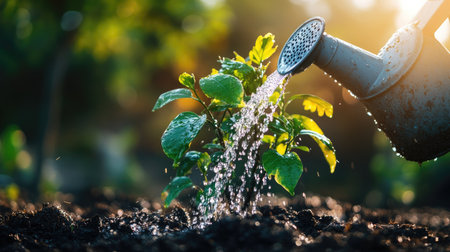 A close-up of a watering can pouring water onto the base of a freshly planted tree, with water droplets sparkling in the sunlight, symbolizing growth and care.の素材