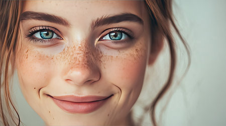 A close-up of a young s face with vibrant, expressive eyes and a subtle makeup look, capturing her unique features and the warmth of her smile.の素材