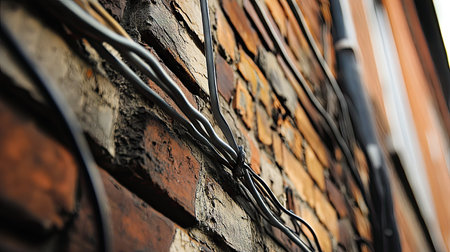 A close-up of electrical wires running along the side of a building, with the textures of the brick wall and the metal conduit adding depth and interest to the composition.の素材