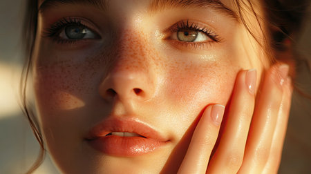 A close-up of a young woman applying skincare or makeup, with a focus on her facial features and the application process, illustrating beauty and self-care.の素材