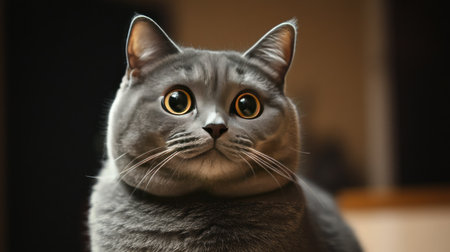 A close-up of an adorably fat cat with a mischievous expression, its round cheeks and small nose adding to its playful and charming appearance.の素材