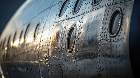 A close-up of an airplane's fuselage with the airline logo and details of the riveted metal surface, emphasizing the craftsmanship and durability of the aircraft.の素材