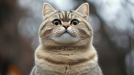 A close-up of an adorably fat cat with a mischievous expression, its round cheeks and small nose adding to its playful and charming appearance.の素材