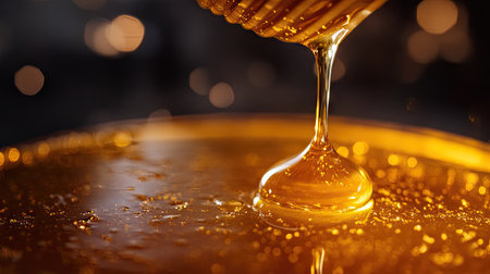 A close-up of honey dripping slowly from a dipper into a small bowl, with the smooth, viscous texture of the honey creating a visually appealing and appetizing image.の素材