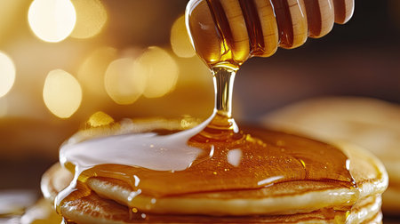 A close-up of honey pouring from a jar onto a stack of pancakes, with the golden syrup glistening and the fluffy pancakes in the background, highlighting a delicious breakfast.の素材